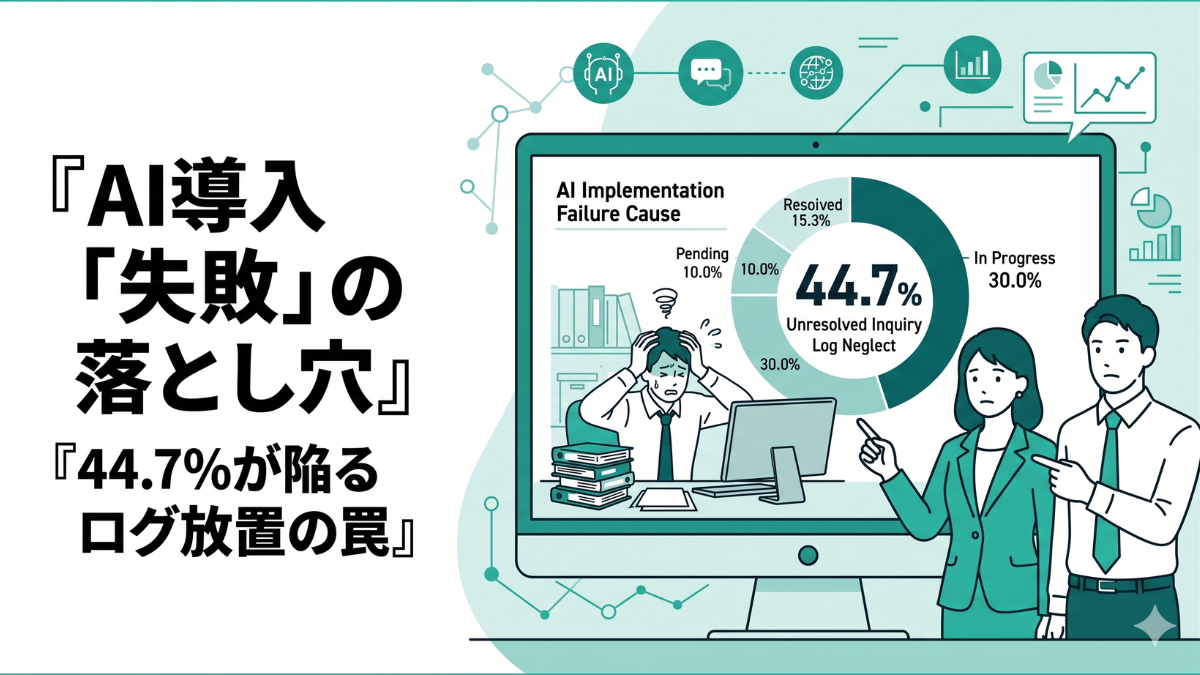 カスタマーサポートAIの導入後に成果が出ず悩む担当者のイラストと、背景に「44.7%が未解決問い合わせを改善に活かせていない」という調査データを表す円グラフのイメージ。