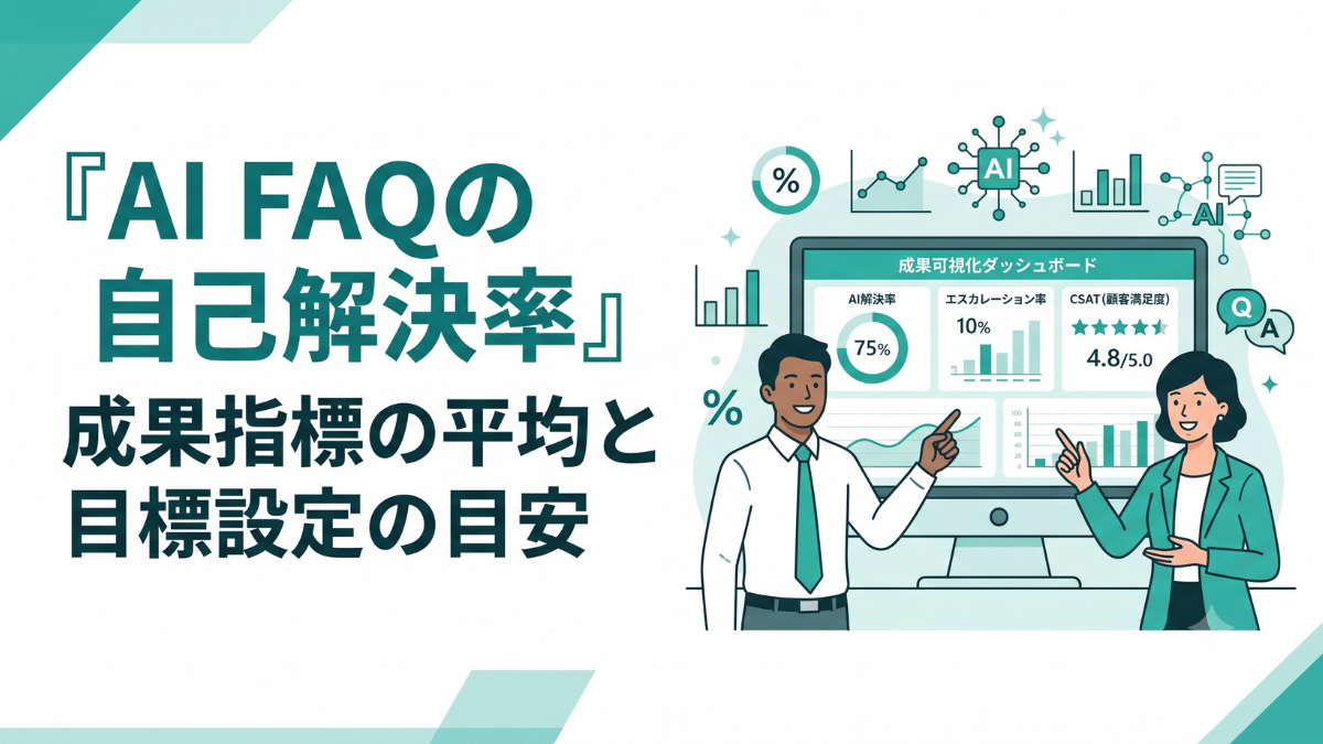 グラフやパーセンテージが表示された成果可視化ダッシュボードの画面を前に、カスタマーサポートの運用担当者が自社固有のAI解決率やエスカレーション率の数値をチェックし、世間の不確実な平均値に惑わされずに適切な目標設定(ベンチマーク)を設計している様子を描いた、ティール系カラーを基調としたクリーンなイラスト。